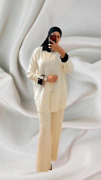 Cream Bow Cardigan Skirt Knitwear Set